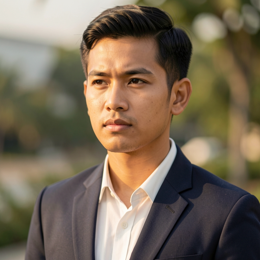 Male editorial portrait of Ryan Santoso, lead editor at Karivon Letters, warm natural light, thoughtful expression, Jakarta editorial studio