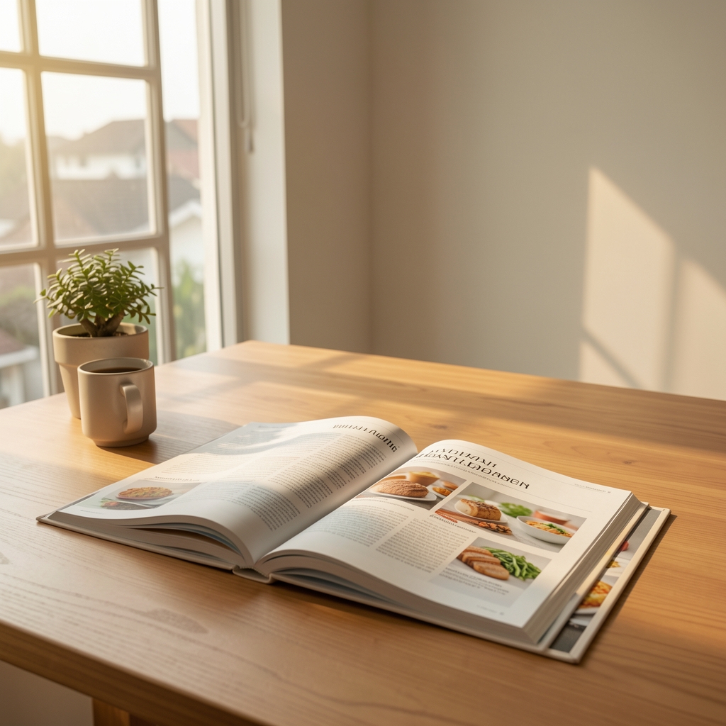 Editorial workspace and studio at Karivon Letters Jakarta — desk with open nutrition journals, natural morning light, warm minimal setting