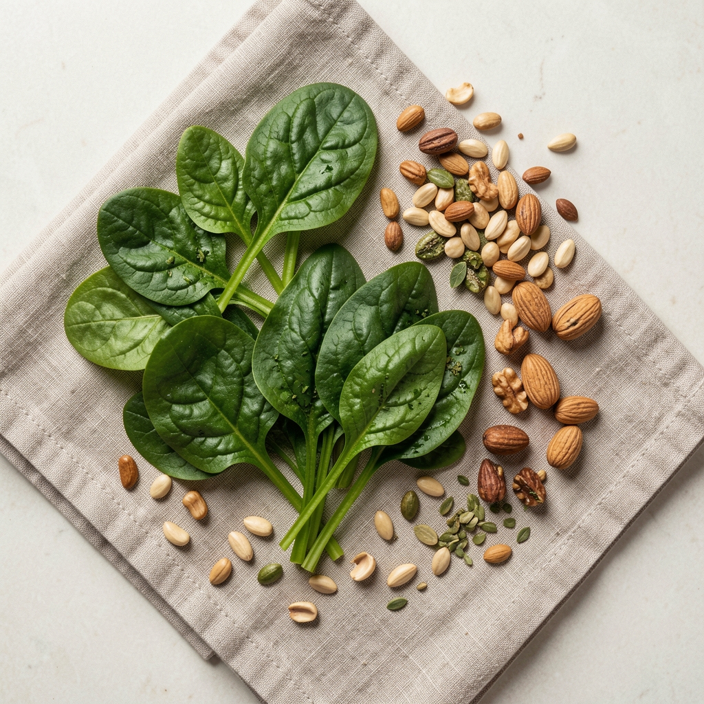 Magnesium-rich green foods on pale surface, overhead editorial composition, spinach nuts and seeds on linen cloth