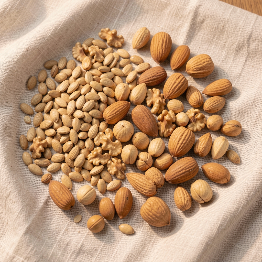 Zinc-rich seeds and nuts arranged on pale linen cloth, editorial flat lay composition, warm natural light