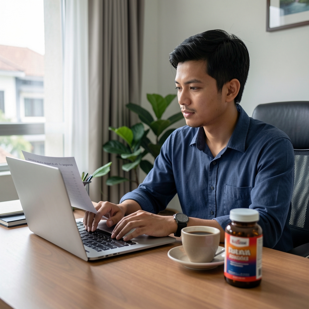Man at laptop reviewing nutrition notes beside morning coffee and supplement containers, editorial daylight, Jakarta home office setting