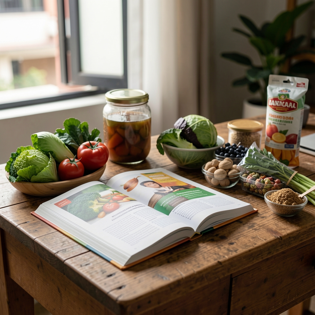 Open nutrition journal on wooden desk beside whole foods, morning editorial light, Jakarta setting