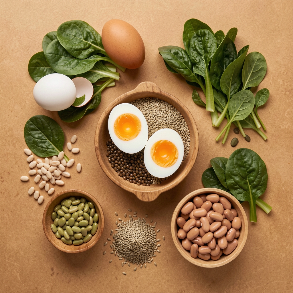 Whole foods flat lay featuring eggs, green leafy vegetables, seeds and legumes on a warm editorial surface, natural daylight