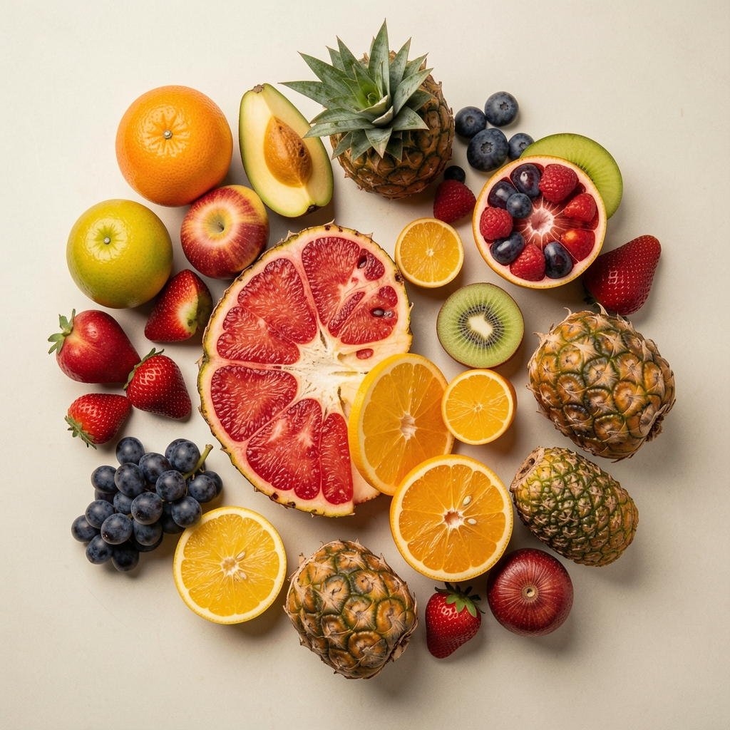 Colourful tropical fruits and whole foods arranged on a pale neutral surface, overhead editorial composition