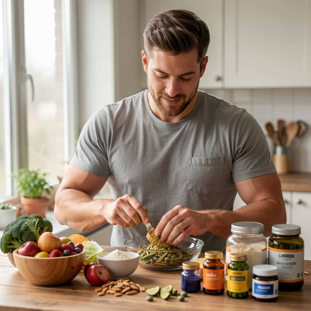 Active man preparing his morning nutrition routine, editorial natural light, wooden surface with whole foods and supplement containers