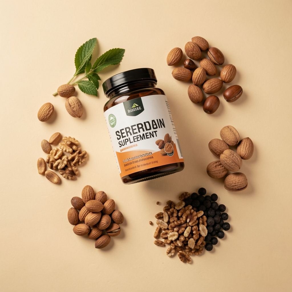 Editorial still life showing supplement container and whole food ingredients on a pale warm surface, documentary overhead composition